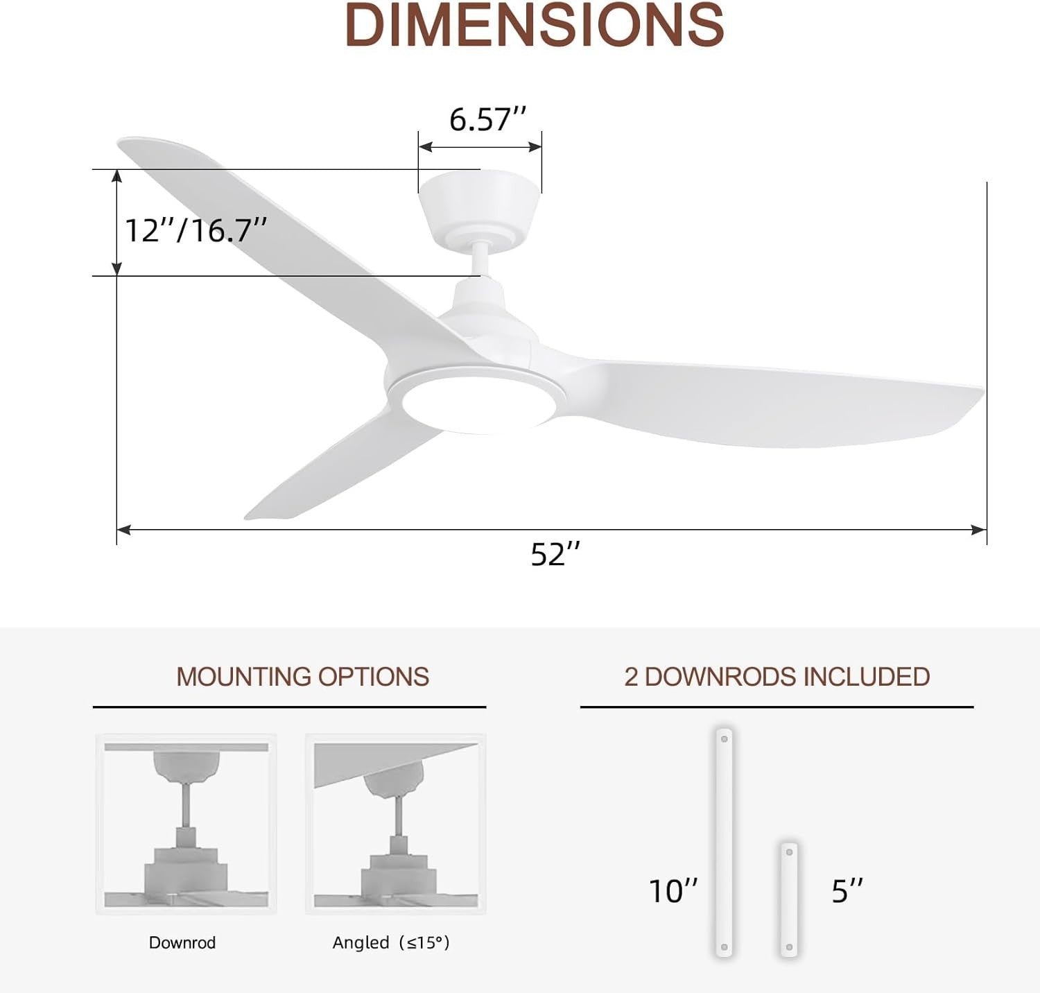 Ovlaim 132CM Smart White Ceiling Fan with LED Light, Remote, 6-Speed, DC Motor