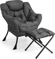 Fabric Lounge Armchair with Footstool Comfy Reading Chair Grey