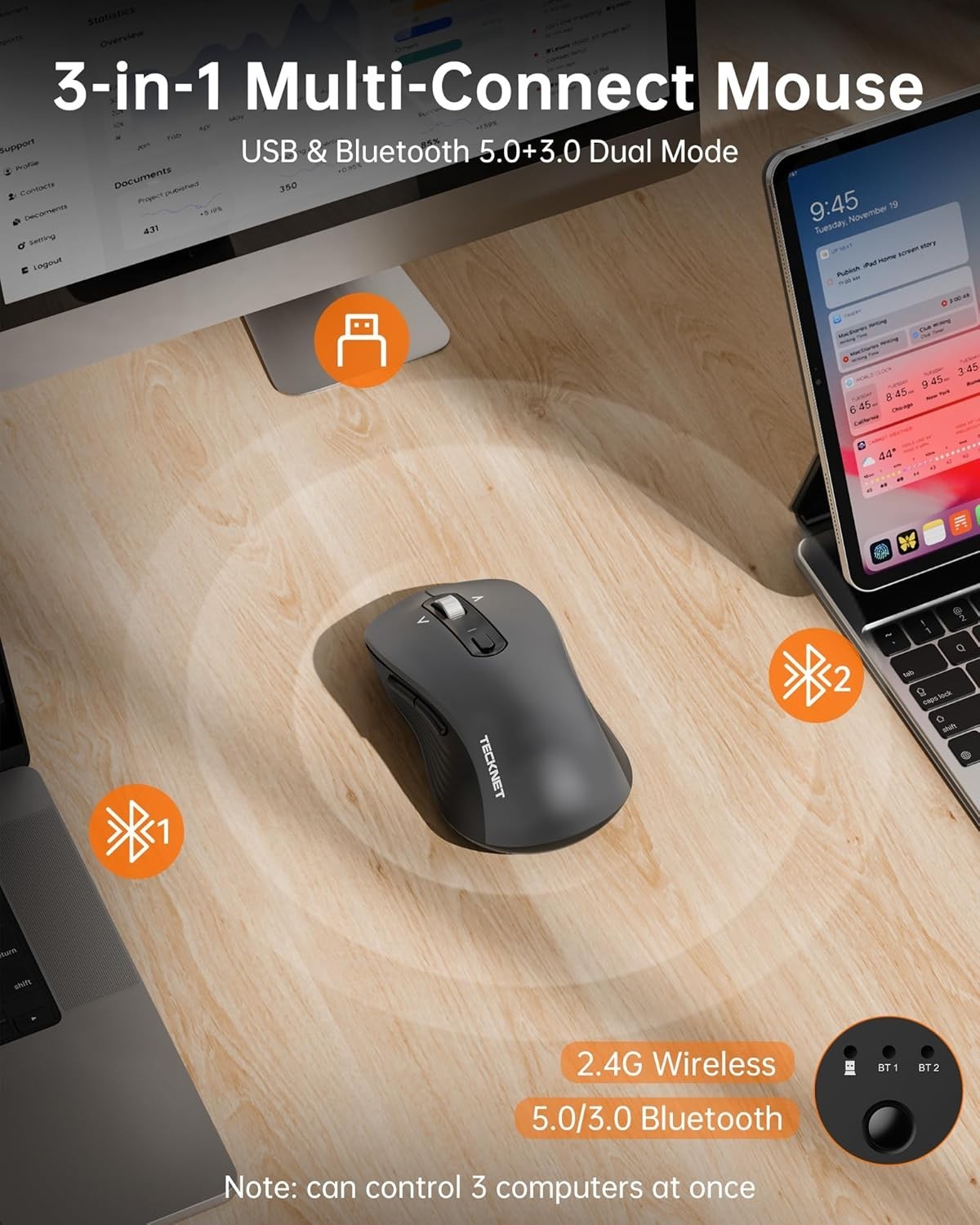 Bluetooth Wireless Mouse 4800 DPI Silent 4-Way Scroll USB 2.4G