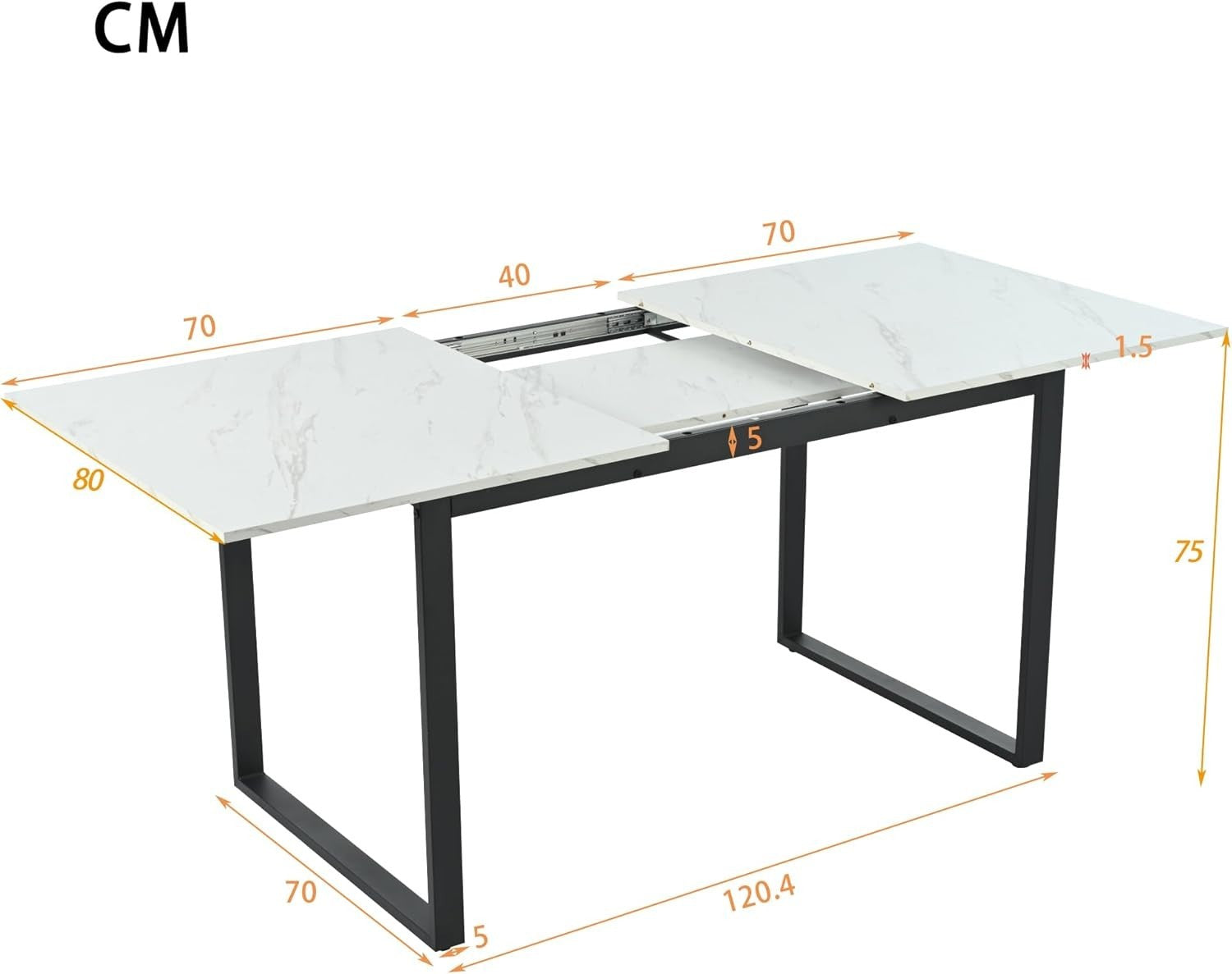 Extendable Marble Look Dining Table 140-180cm White Desktop Black Legs