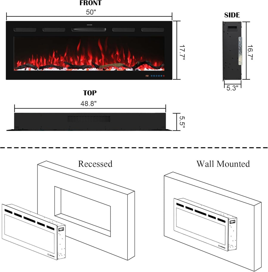50" Smart Electric Wall Fireplace LED Heater WiFi Remote Recessed Fire