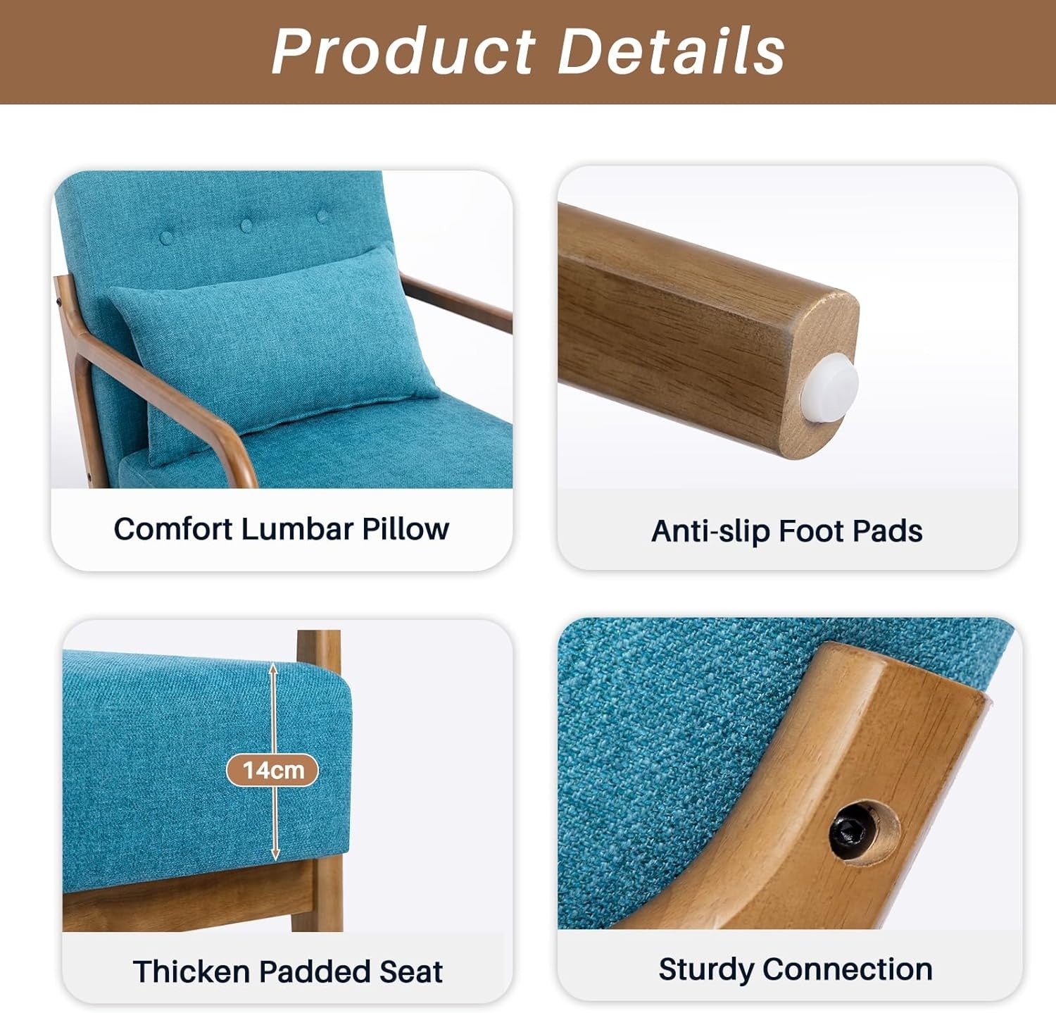 Teal Accent Armchair Wooden Frame Lounge Reading Chair Linen Seat