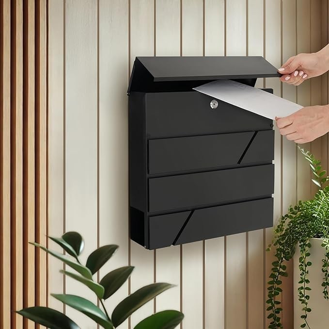 Lockable Wall Mounted Mailbox Black Steel Weatherproof Post Box w/ Keys & Holder