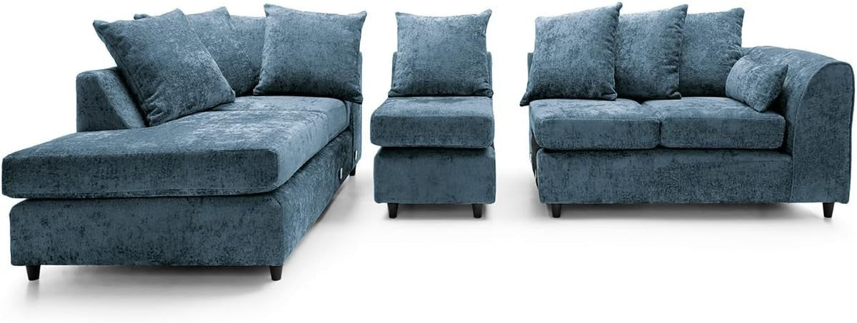 Large Dark Blue Chenille Corner Sofa – Modern L Shape 5 Seater Couch w/ Covers
