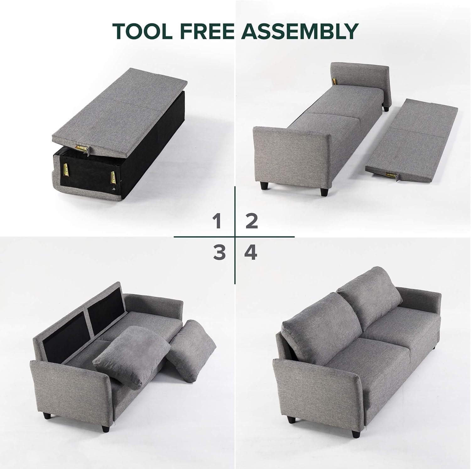 3 Seater Sofa Couch Bed Grey - Compact Modern Fabric Sofa for Living Room