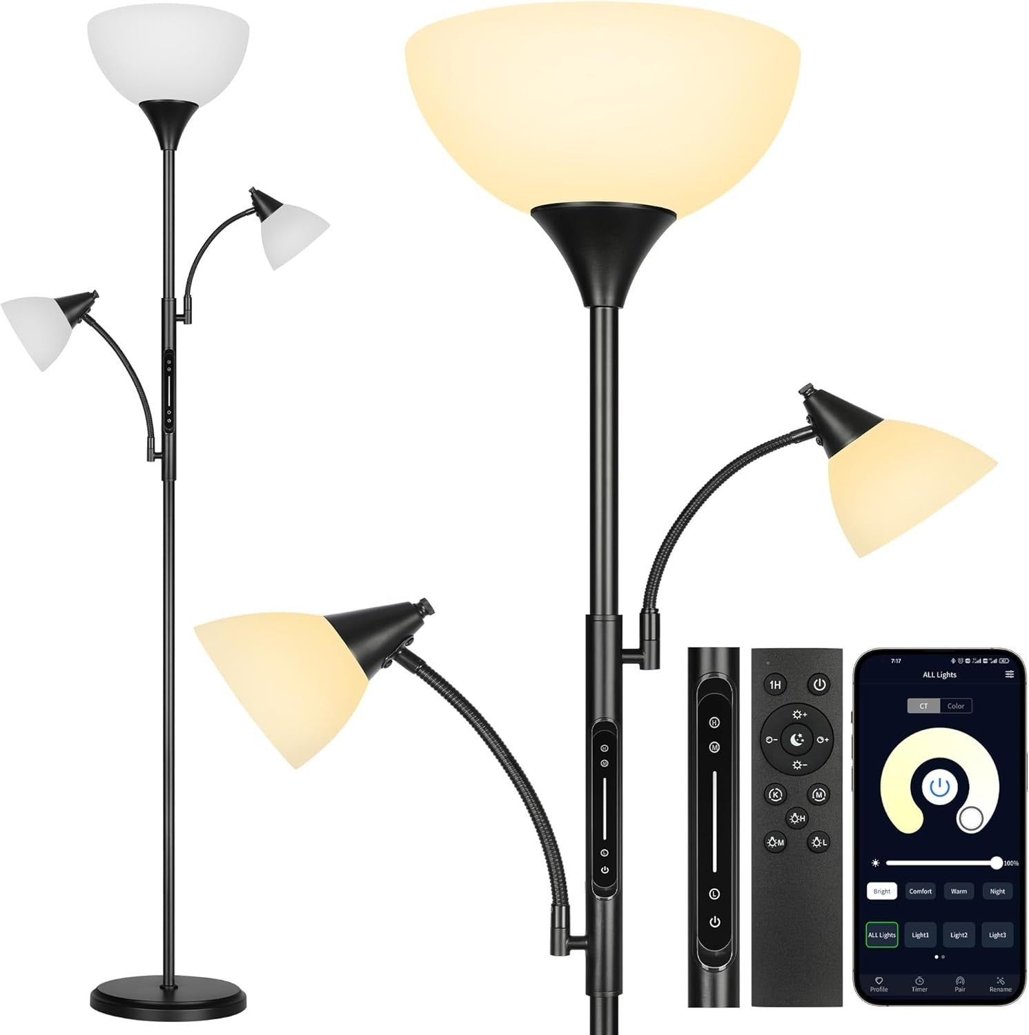 3-Light Modern Tree Floor Lamp, App Control, Dimmable, Adjustable Color