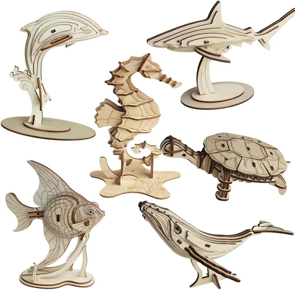 Wooden 3D Sea Life Puzzle Set – 6 Marine Animal Models with Stands, DIY Kit