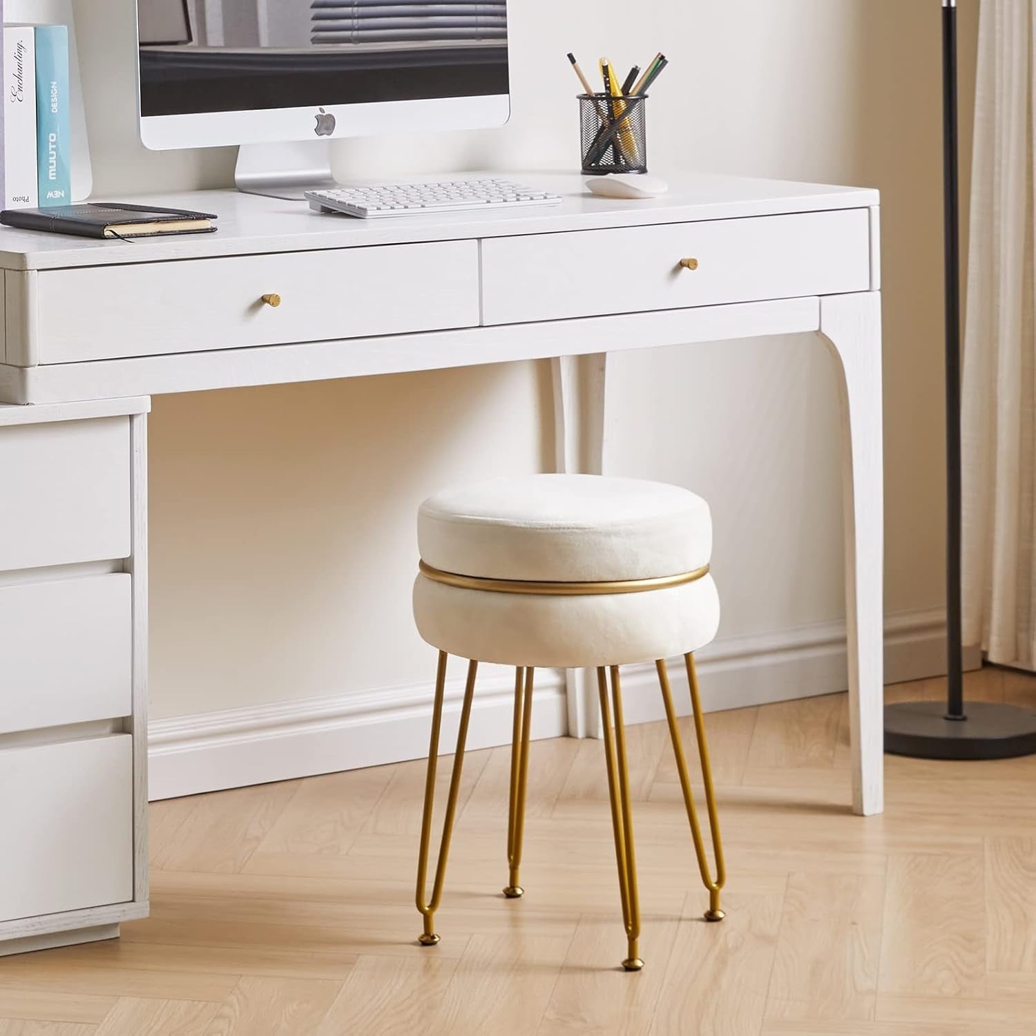 Cream Velvet Round Footstool with Gold Legs – Modern Vanity Stool Seat