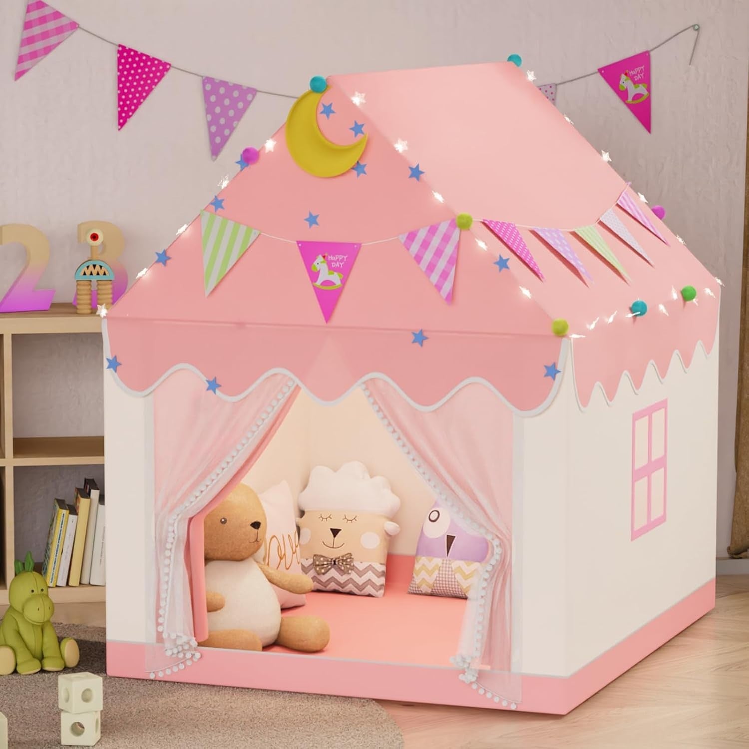 Large Kids Play Tent Indoor Outdoor w Star Lights Double Curtains