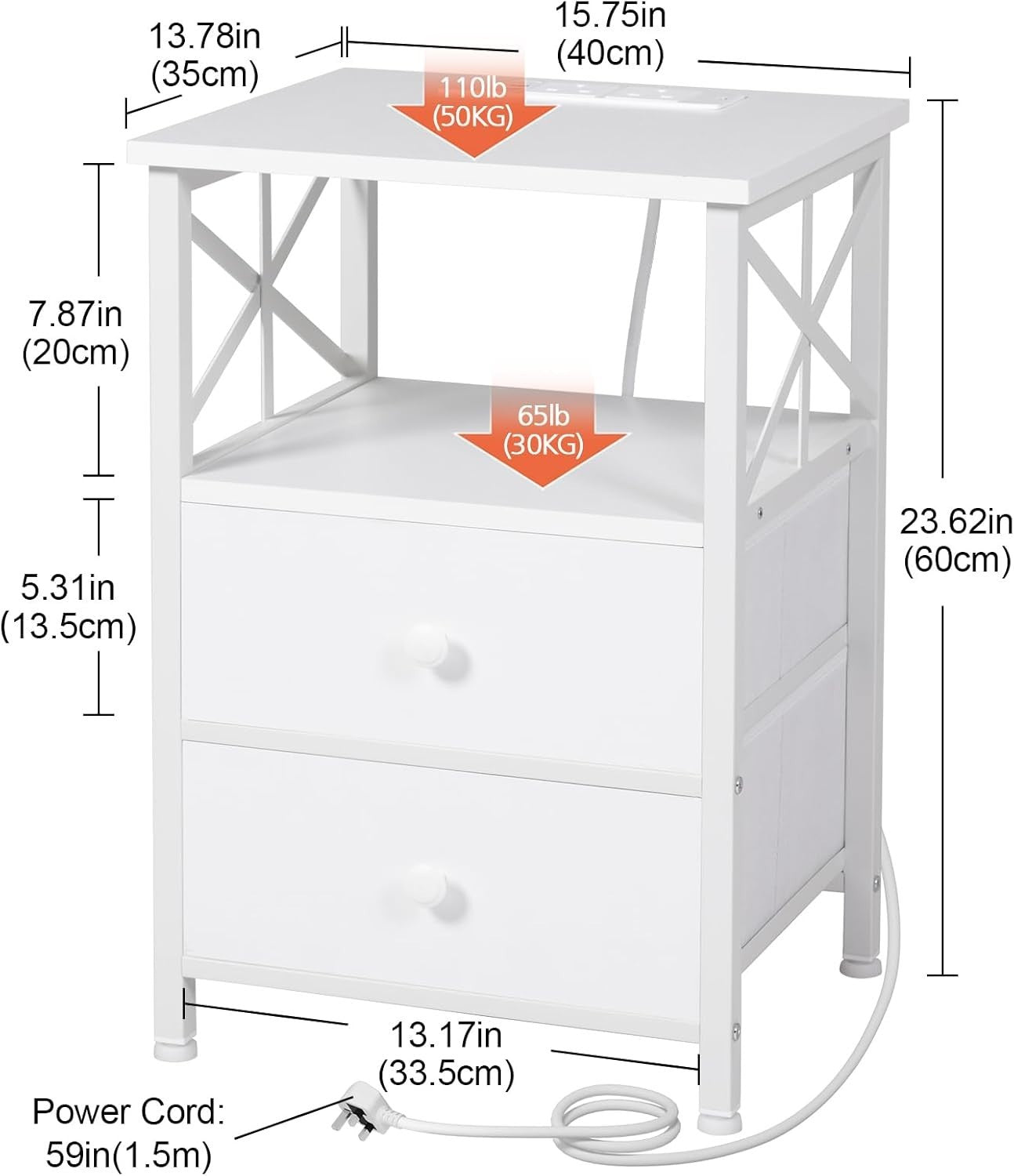 Set of 2 White Bedside Tables with USB Ports & Fabric Drawers