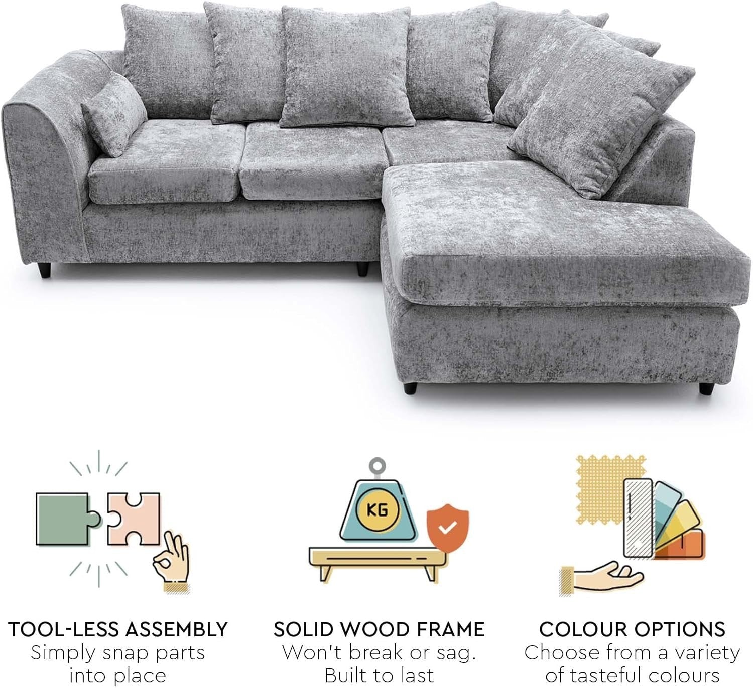 Light Grey Chenille Corner Sofa Right – Modern L Shape Couch for Living Room