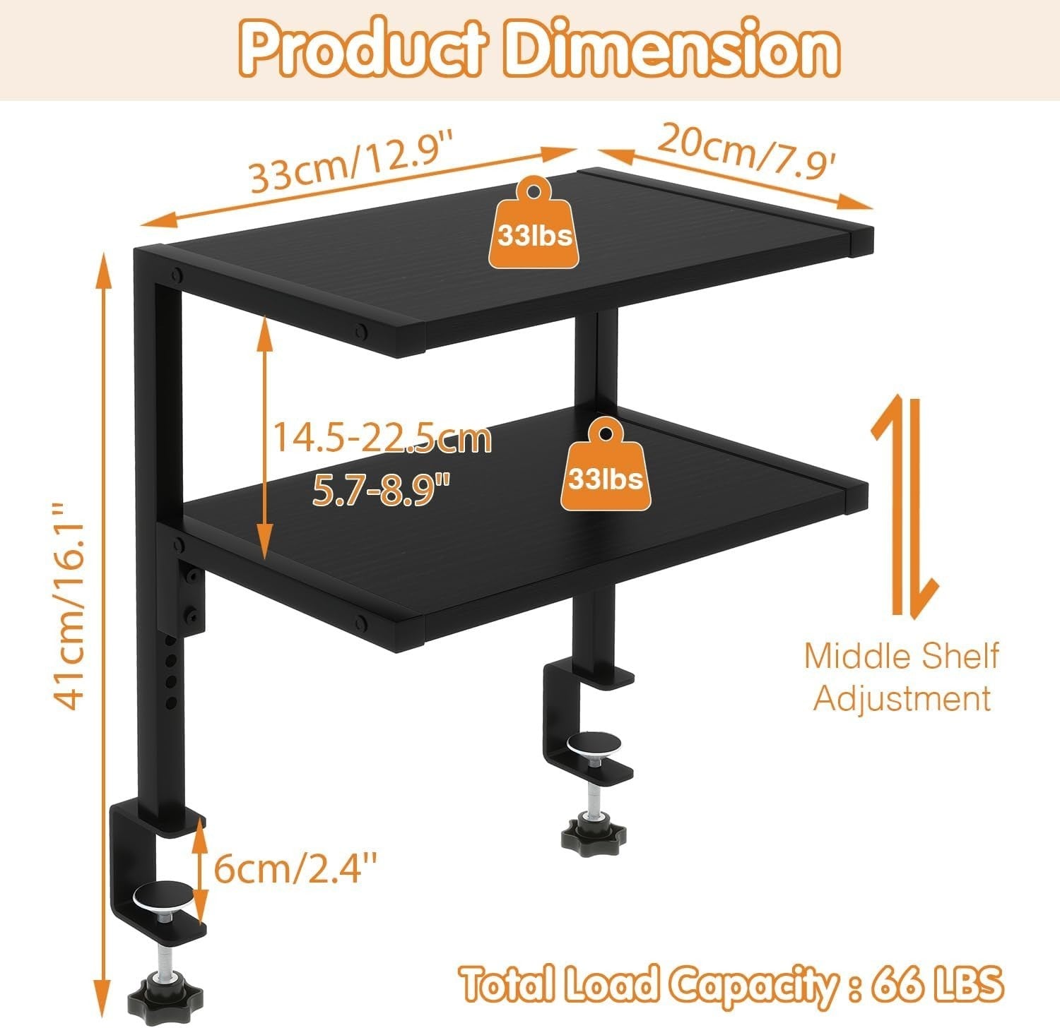 Clamp-On 2-Tier Adjustable Desk Shelf, 12.9" Storage Rack for Office