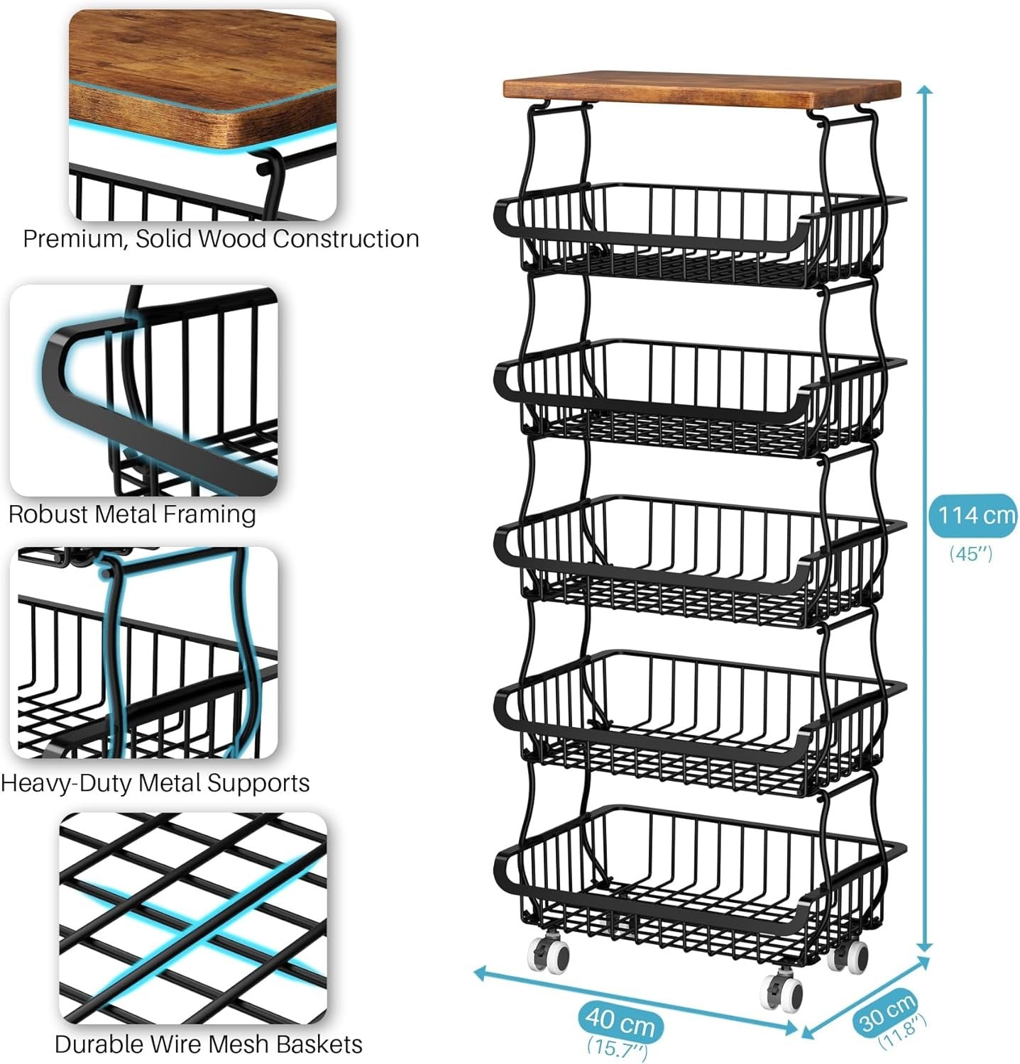 6 Tier Pantry Organiser Storage Cart Rolling Metal Fruit Basket Trolley