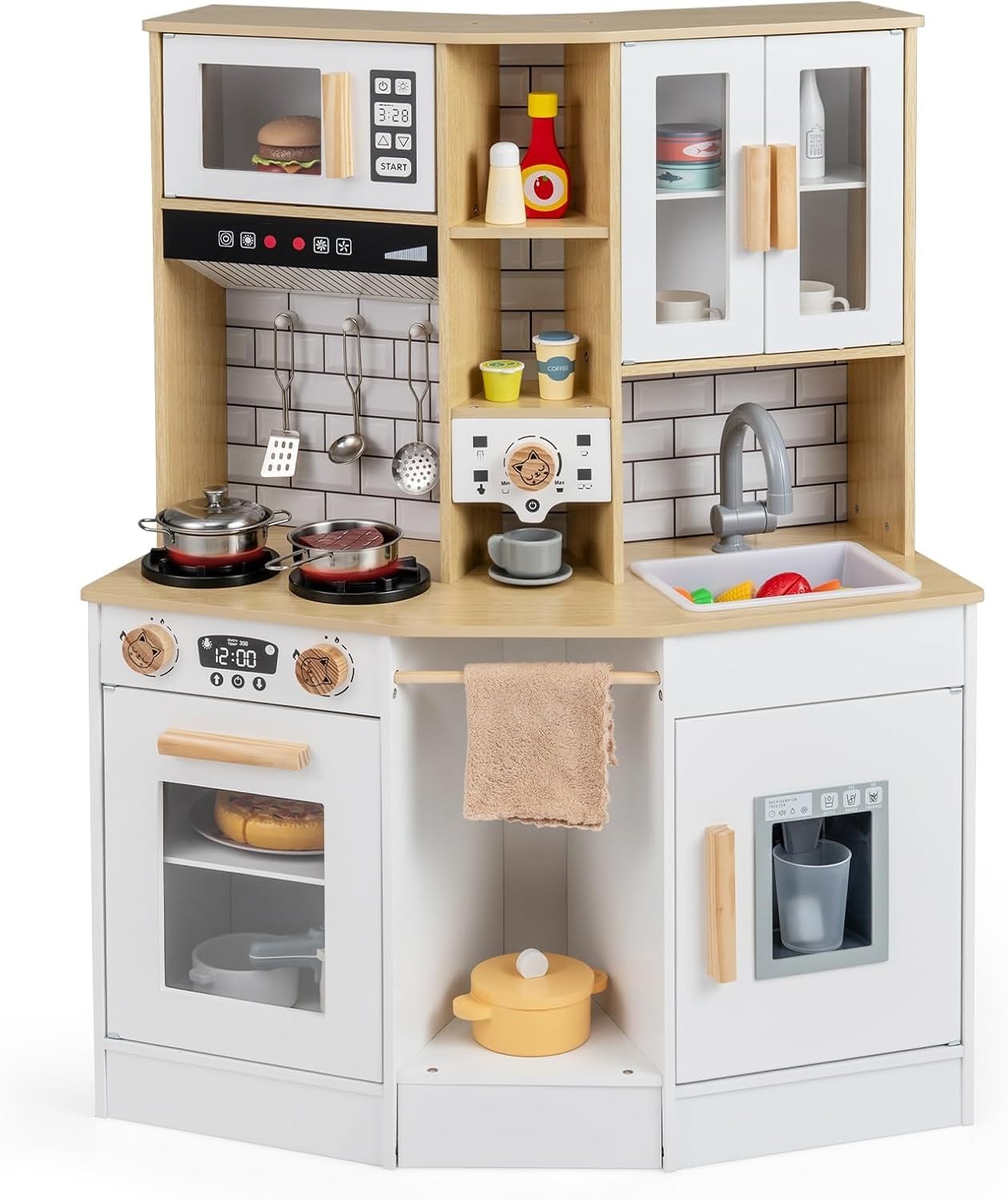 Wooden Kids Play Kitchen Lights Sounds Coffee Maker Ice Machine
