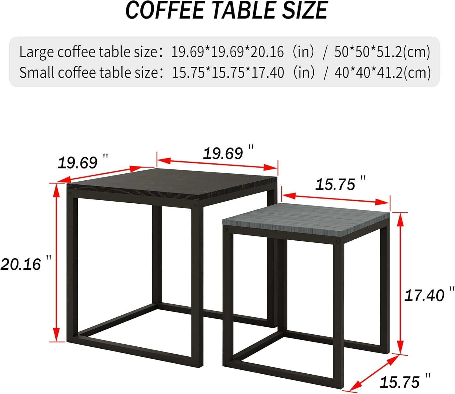 Nesting Coffee Table Set of 2 Modern Square End Side Tables Black-Gray Wood Easy