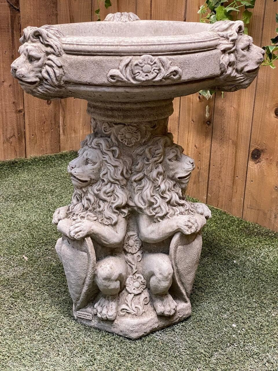 Regal Stone Bird Bath Statue Three Lions Cast Garden Ornament Outdoor