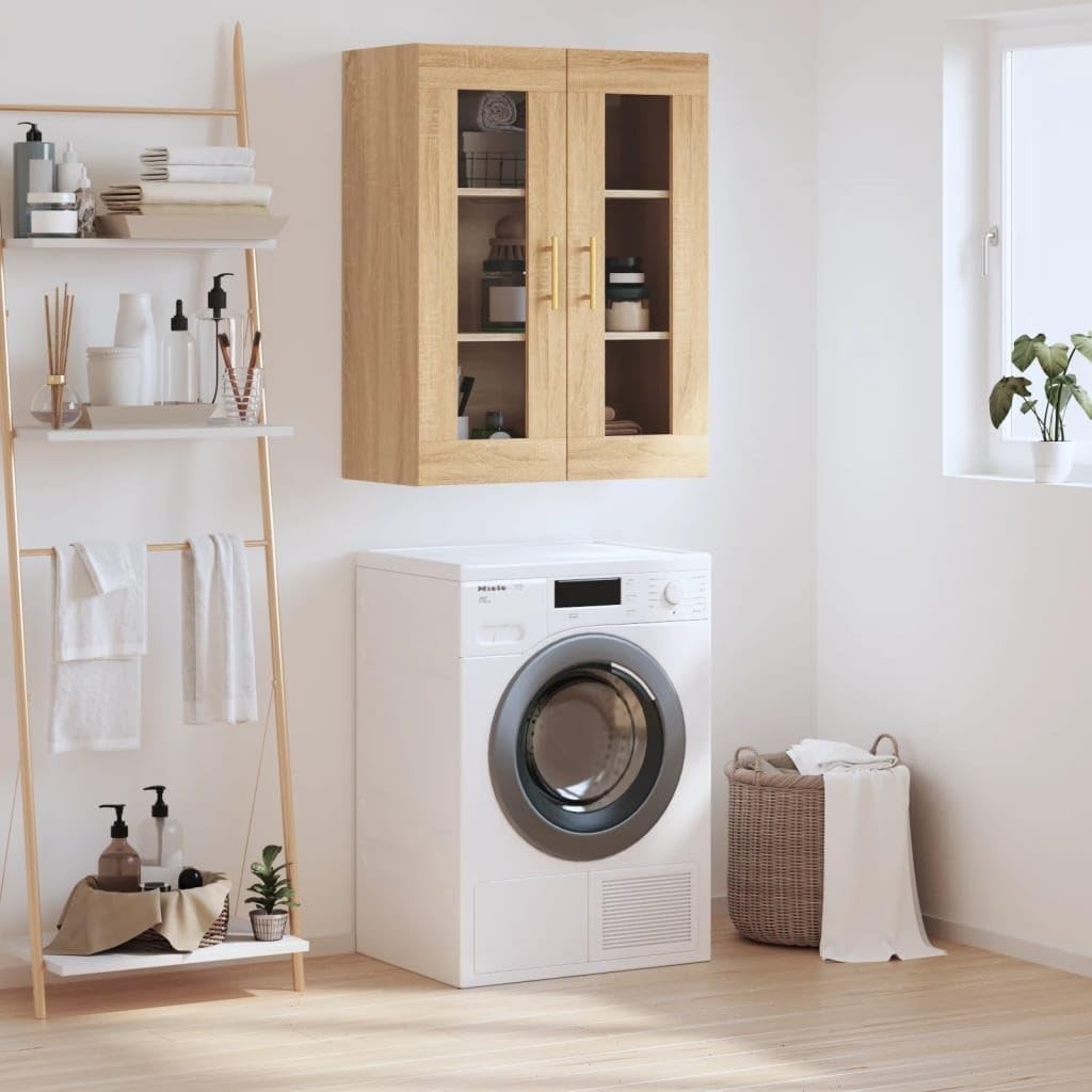 Wall Mounted Sonoma Oak Storage Cabinet with Glass Doors & Gold Handles