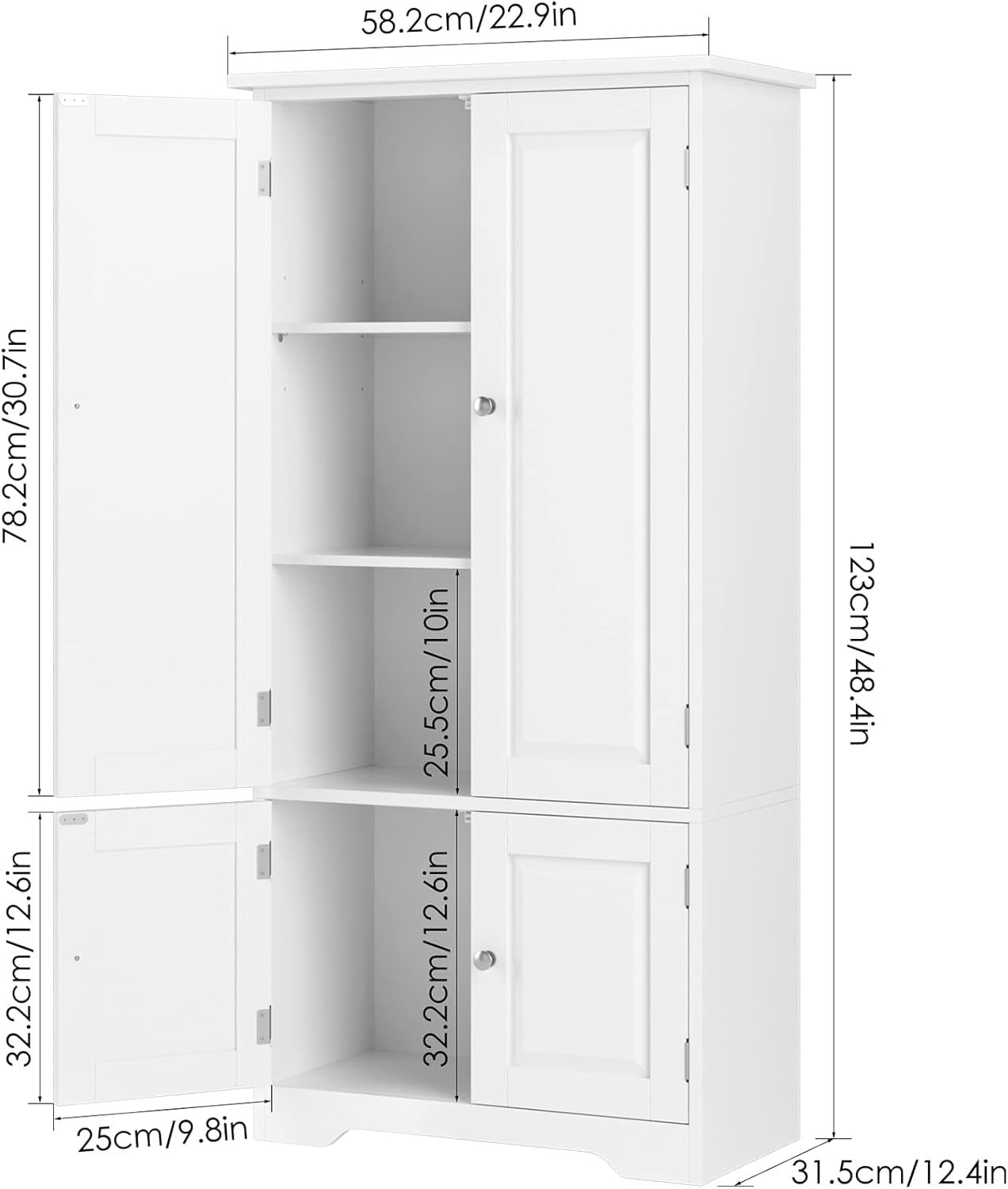 Tall White Kitchen Storage Cabinet 4 Door Cupboard Adjustable Shelves Unit
