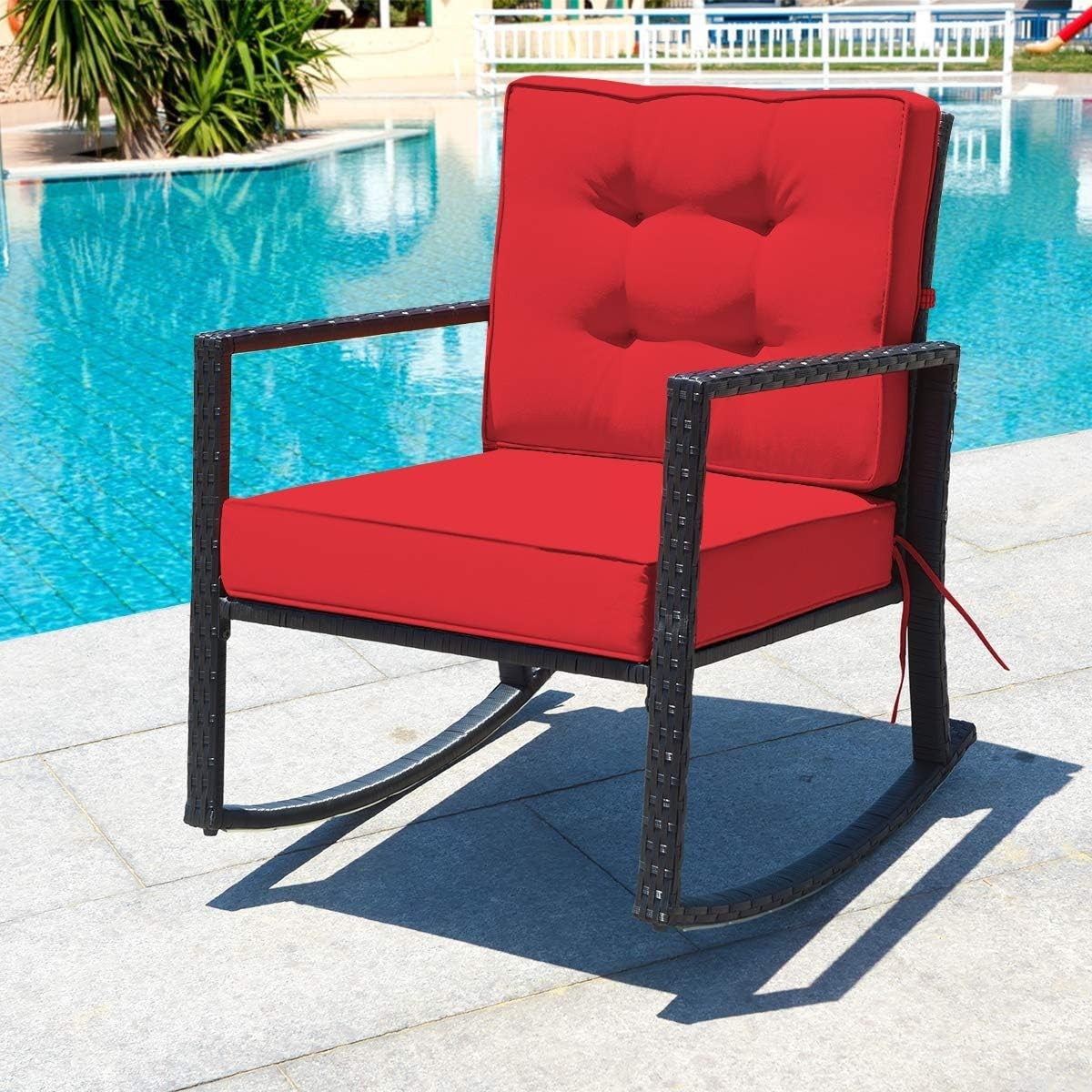 Outdoor Red Rattan Rocking Chair with Cushions & Armrests Patio Glider