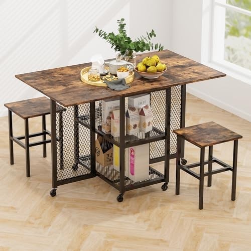 Folding Drop Leaf Dining Table Set with Stools Storage Shelves on Wheels