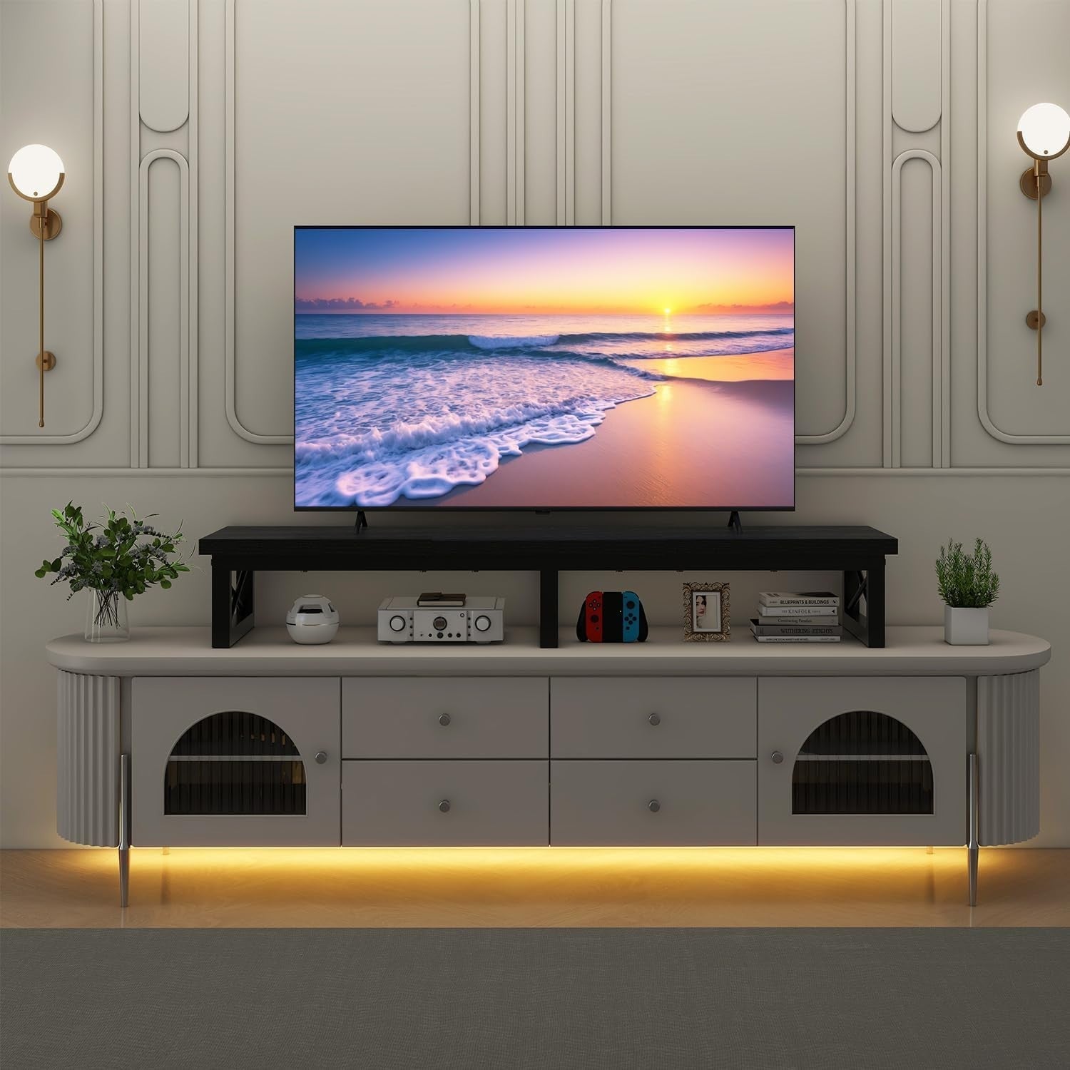 TV Monitor Riser for 32-60" with Shelf Storage, Steel Frame, Modern Desk