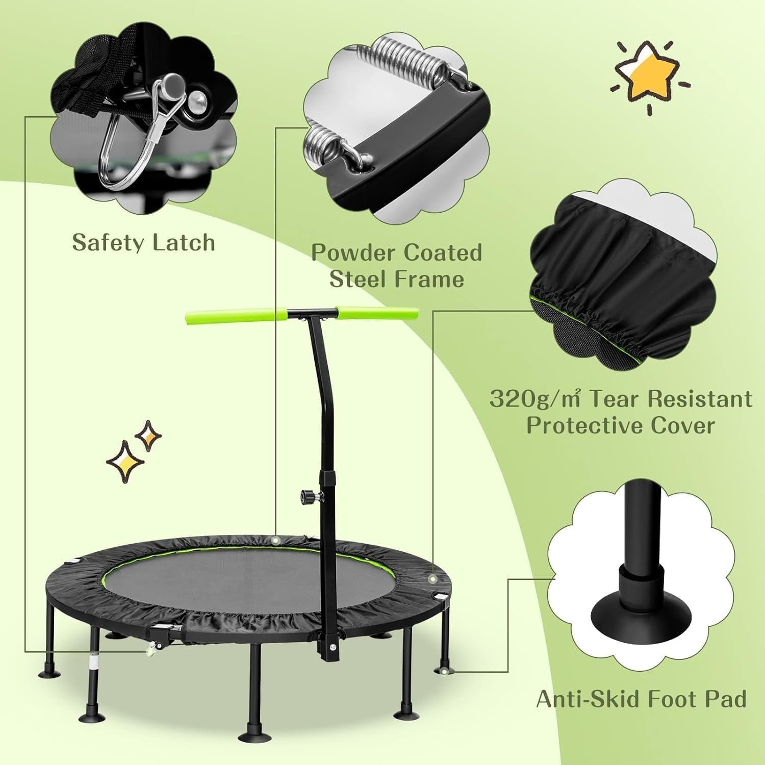 45'' Mini Trampoline with Adjustable Handle Foldable Fitness Rebounder