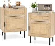 Rattan Bedside Tables Set of 2 with Drawer & Cabinet, Natural Wood & Metal Legs