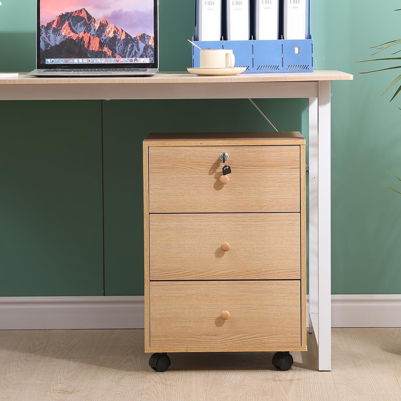 Oak Rolling Lockable Drawer Cabinet 3 Tier Under Desk File Storage