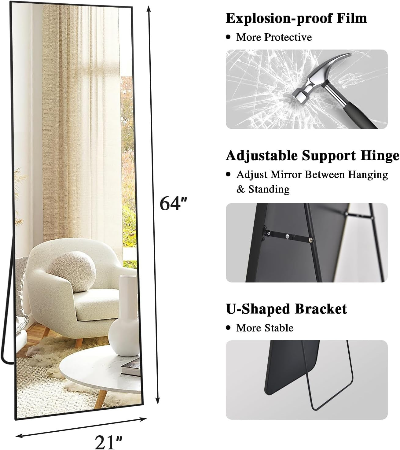 Large Full Length Black Frame Floor Mirror 161x52cm Modern Style