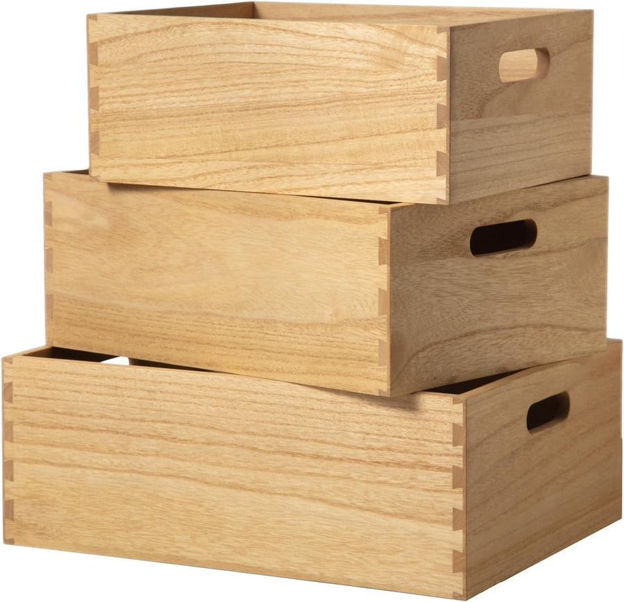 Set of 3 Nesting Wooden Crates with Handles 42.3x32x18.5cm Natural Organizer