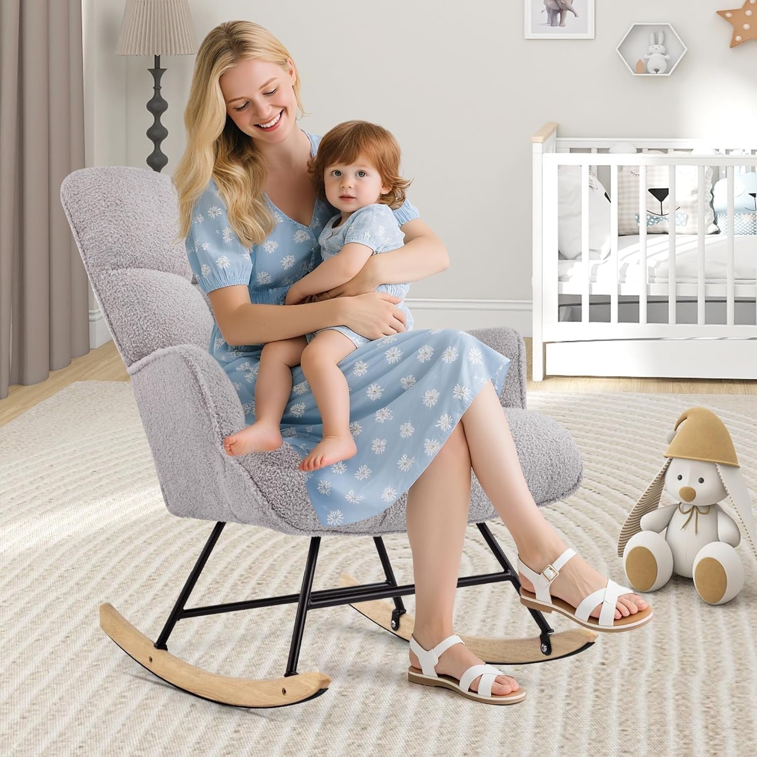 Comfy Nursery Rocking Chair Teddy Fabric Glider for Adults Bedroom