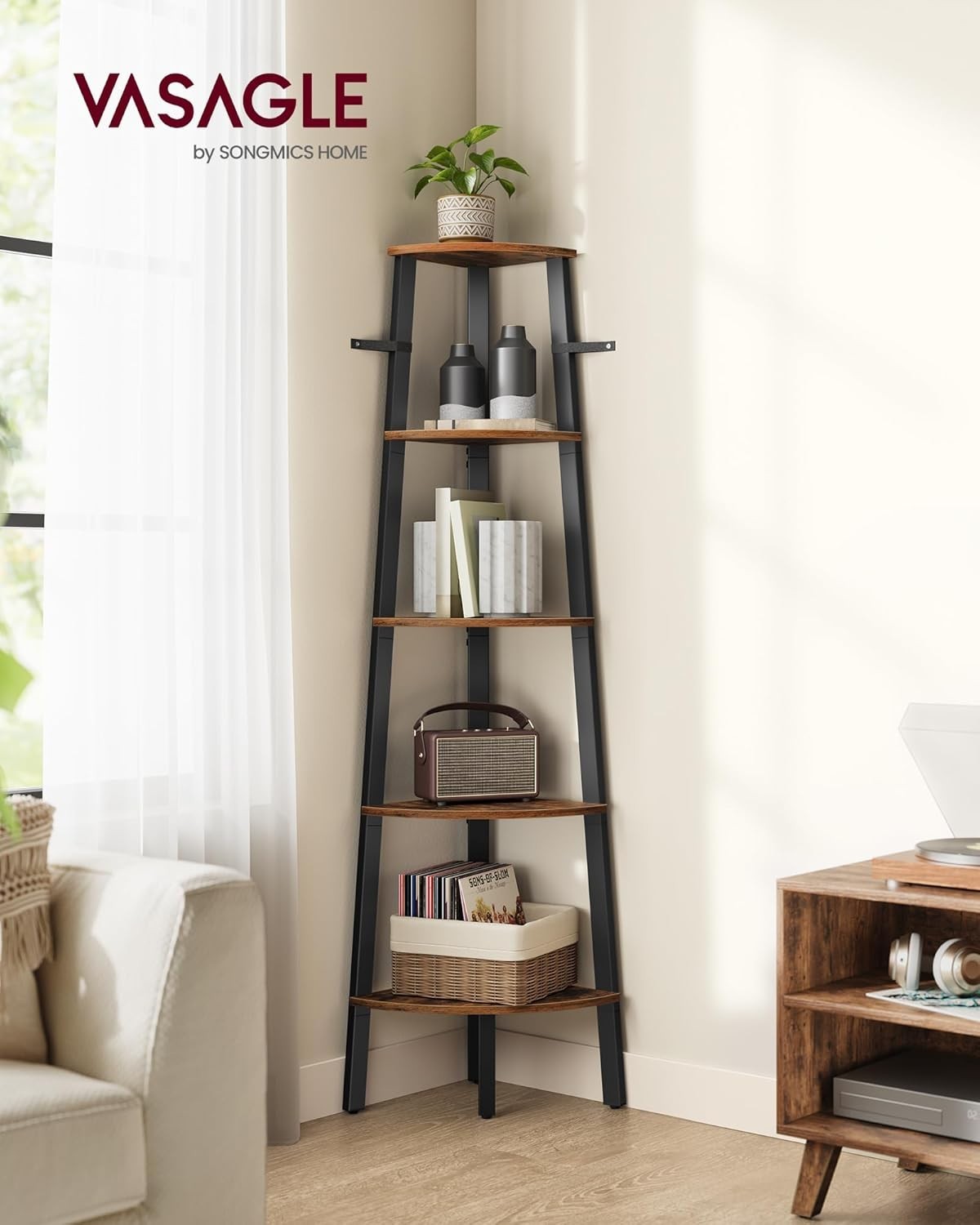 5 Tier Corner Shelf Ladder Bookcase Industrial Space Saving Plant Stand