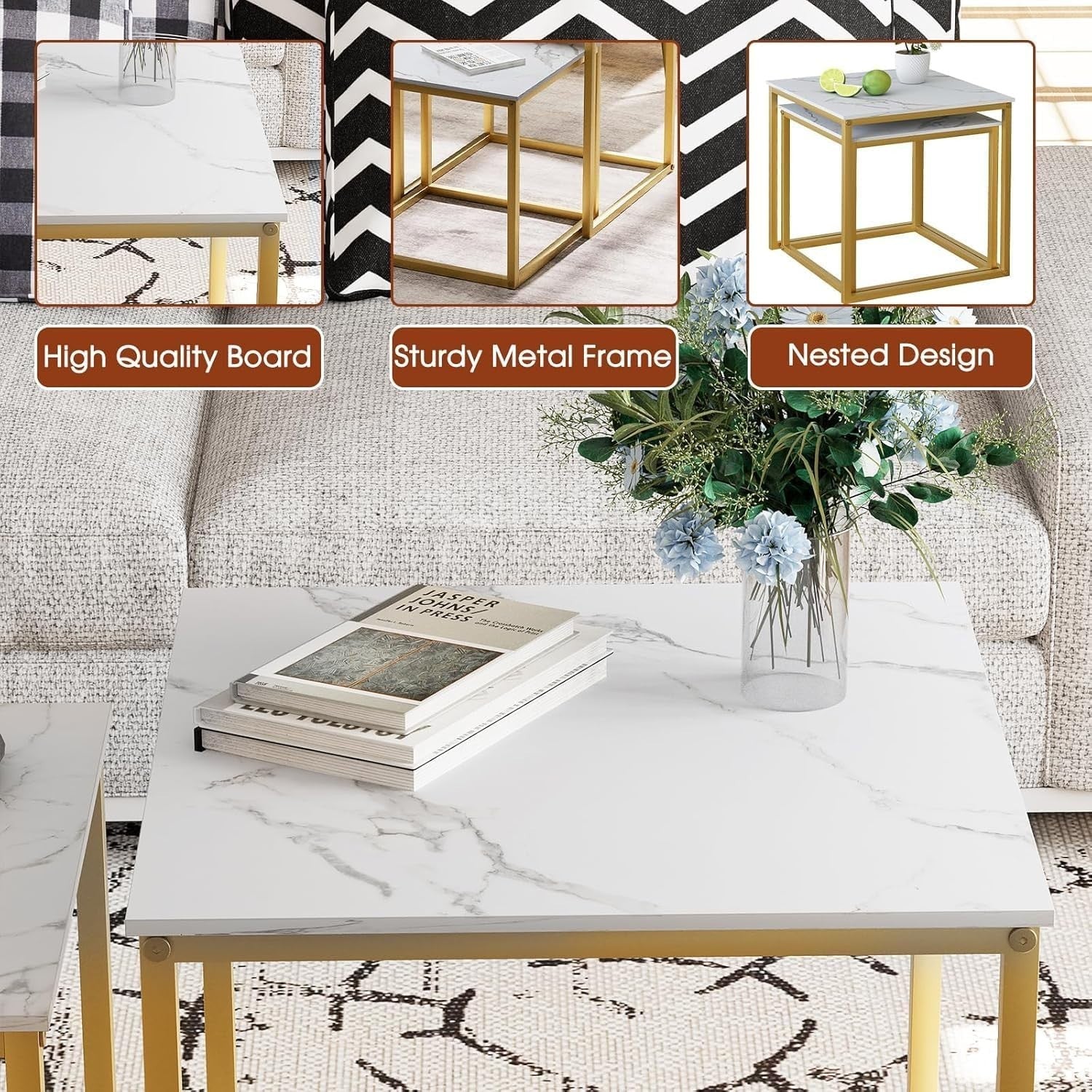 Nesting Side Coffee Tables Set 2 Square Wood Metal Frame Living Room Bedroom