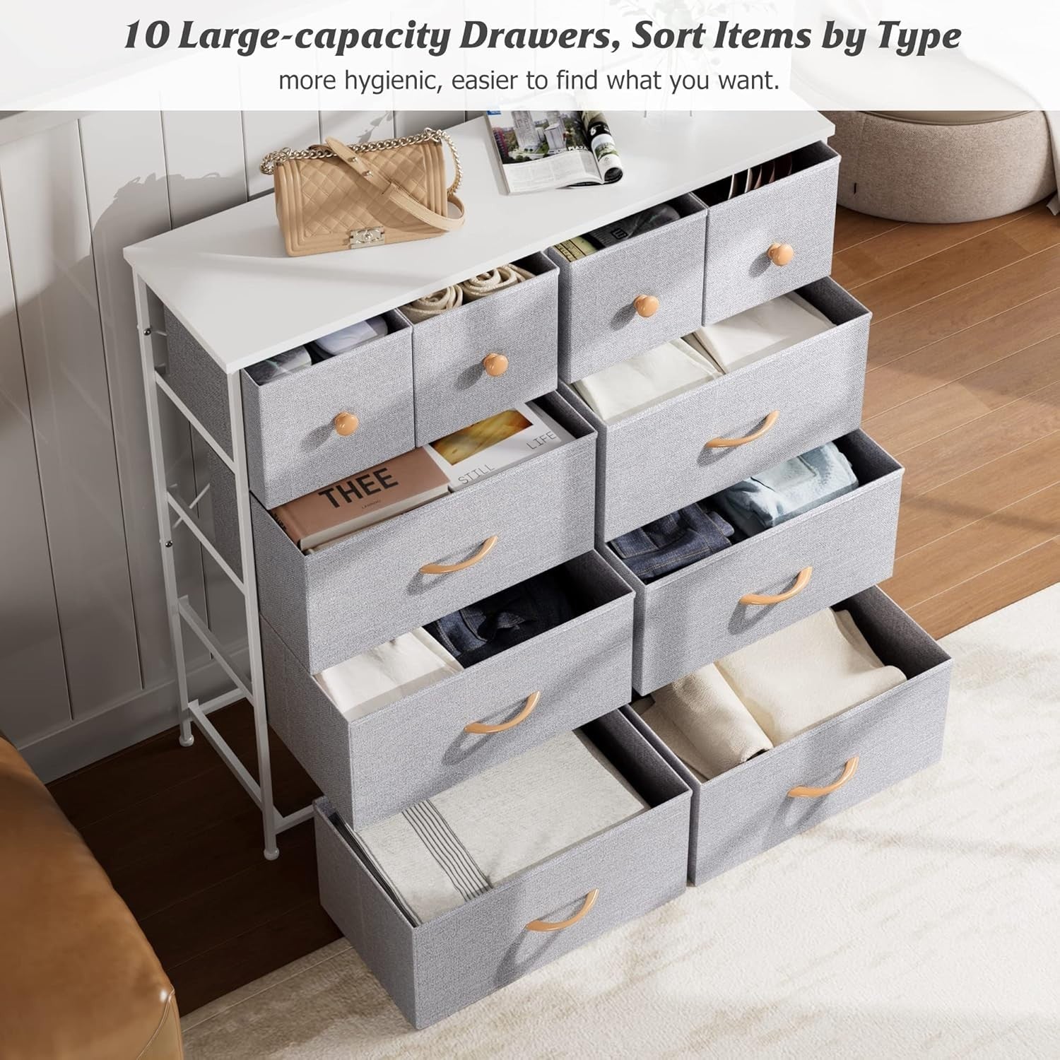 Tall Fabric Chest of Drawers 10 Drawer Storage Unit for Bedroom Hallway