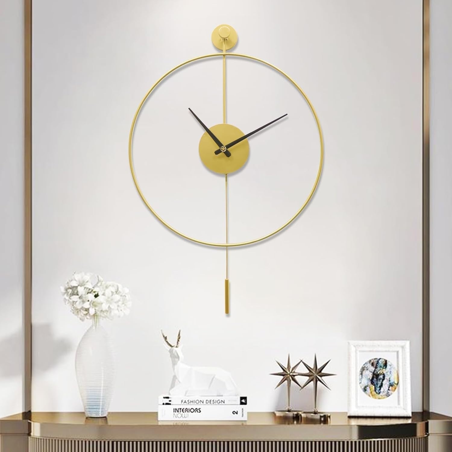Luxury Silent Wall Clock Gold 20" Modern Metal Decor w/ Pendulum Home