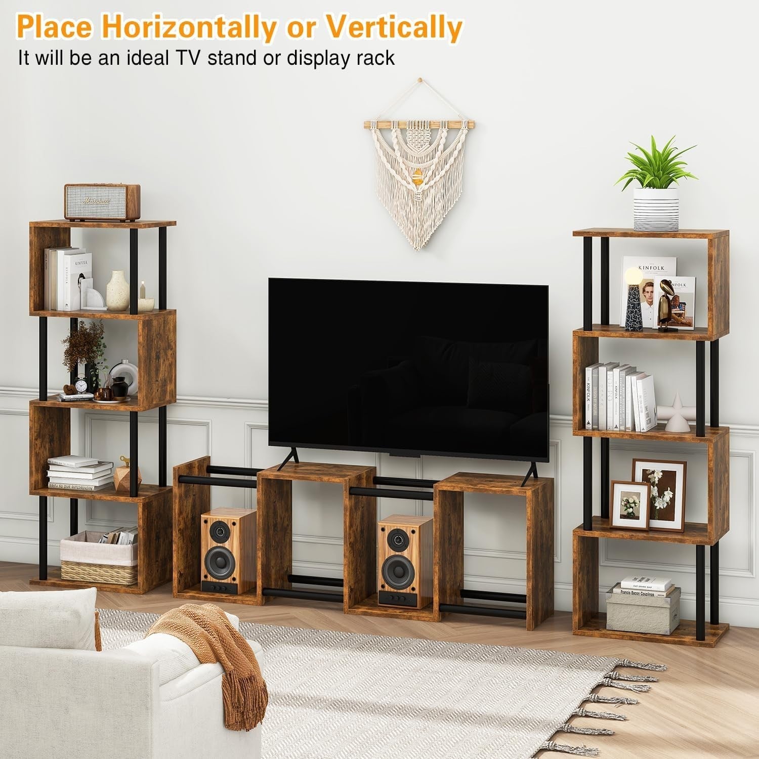 5 Tier S Shaped Bookcase Rustic Brown Modern Wood Display Storage Shelf 155cm