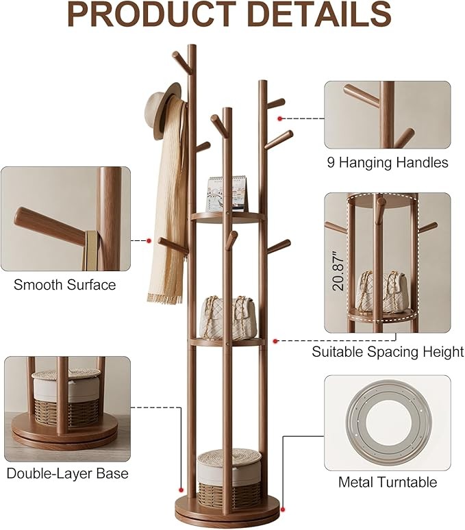 Walnut Wooden Coat Rack Stand with 3 Shelves | Rotating 9 Hooks Hall Tree