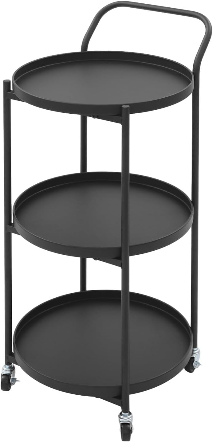 3 Tier Rolling Bar Cart Round Drinks Trolley Metal Storage Cart on Wheels