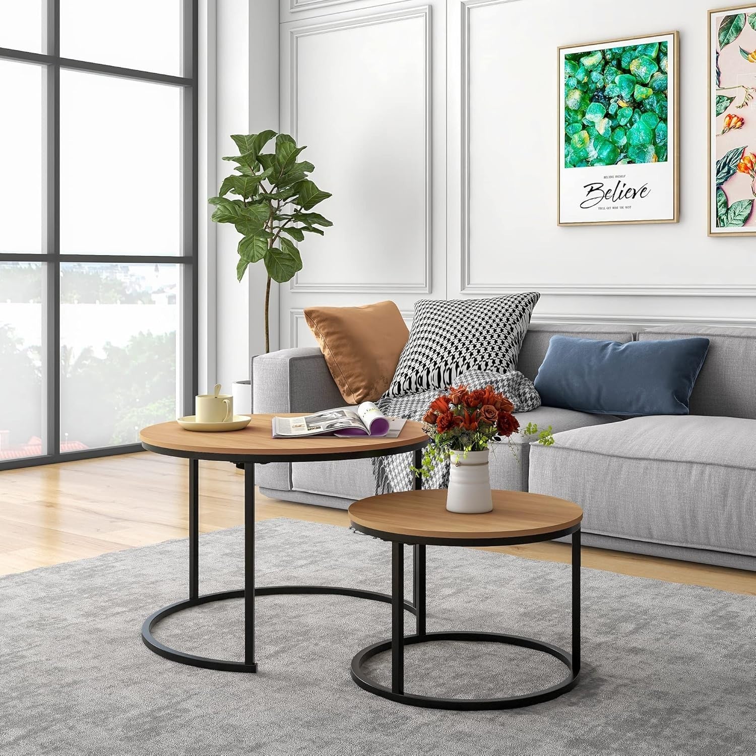 Set of 2 Round Nesting Side Tables Coffee Tea Sofa End Table Black-Oak Portable