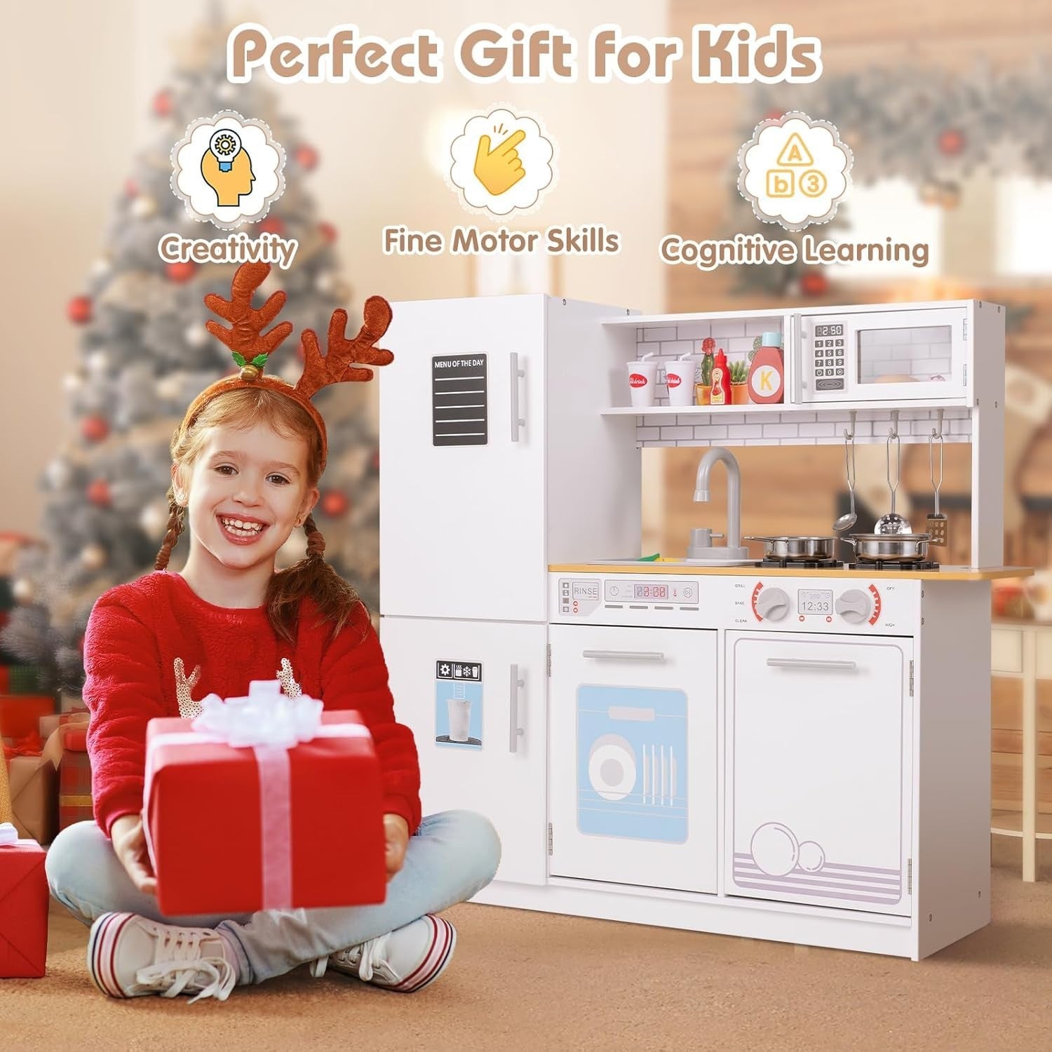 Kids Wooden Play Kitchen Sink Microwave Dishwasher Chalkboard Toy