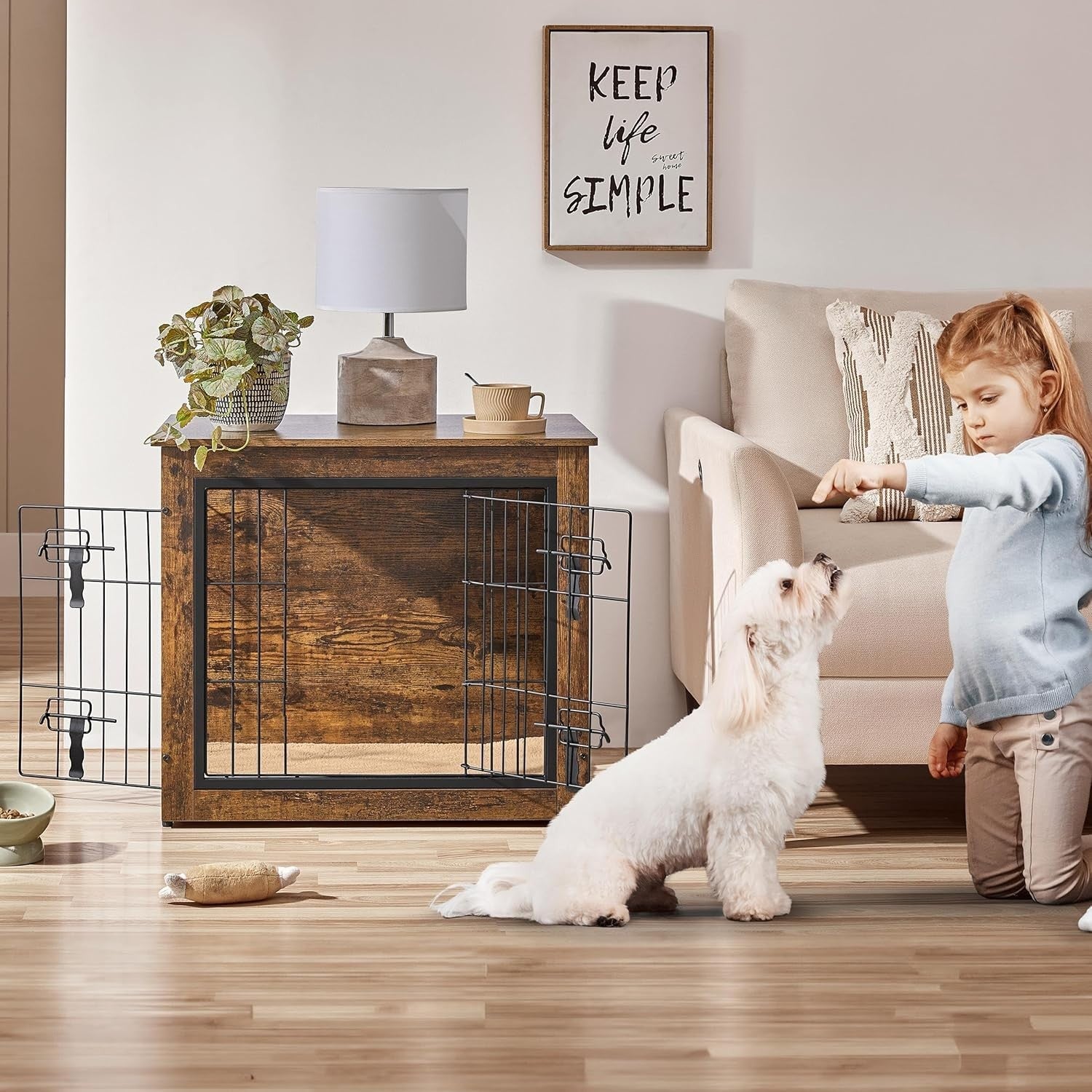 Rustic Brown Small Dog Crate Furniture with Cushion & Double Doors 69x51x61cm