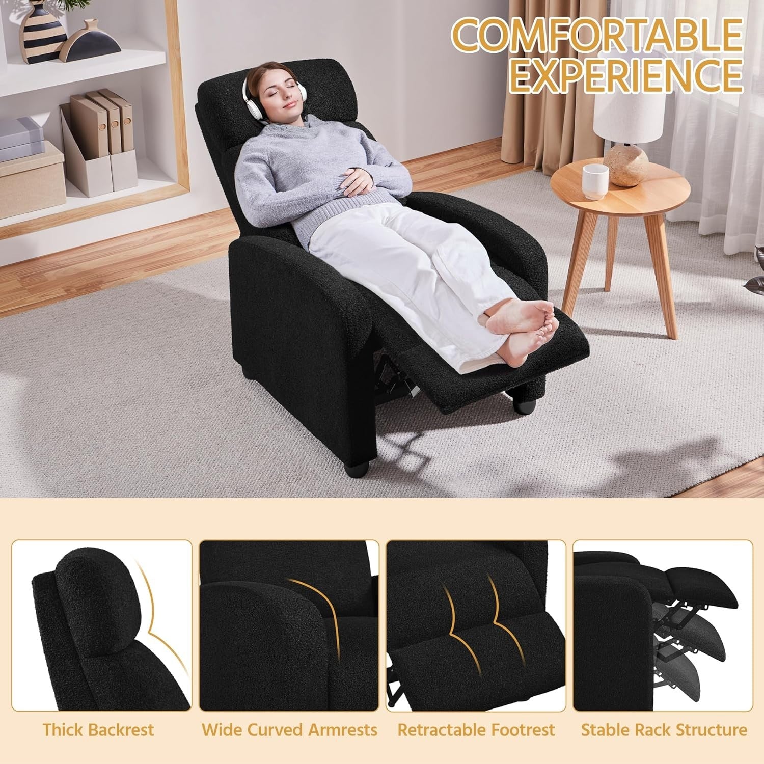 Black Recliner Chair Fabric Adjustable Lounge Armchair Home Cinema Sofa