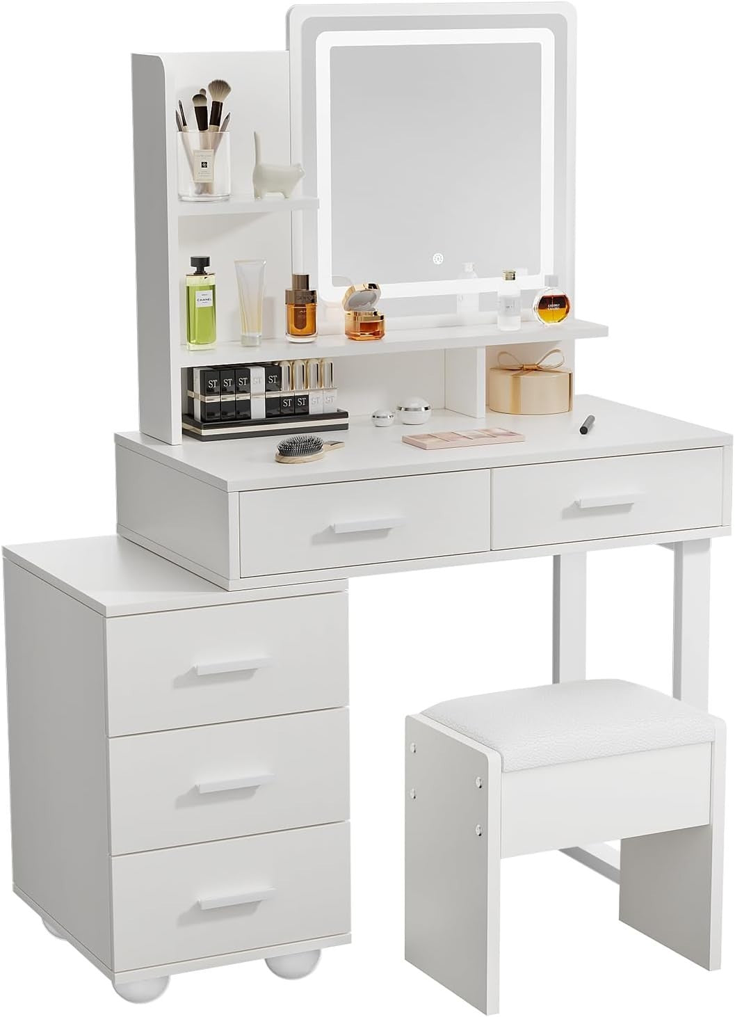 White Dressing Table LED Mirror 5 Drawers Flexible Vanity Desk Makeup Storage