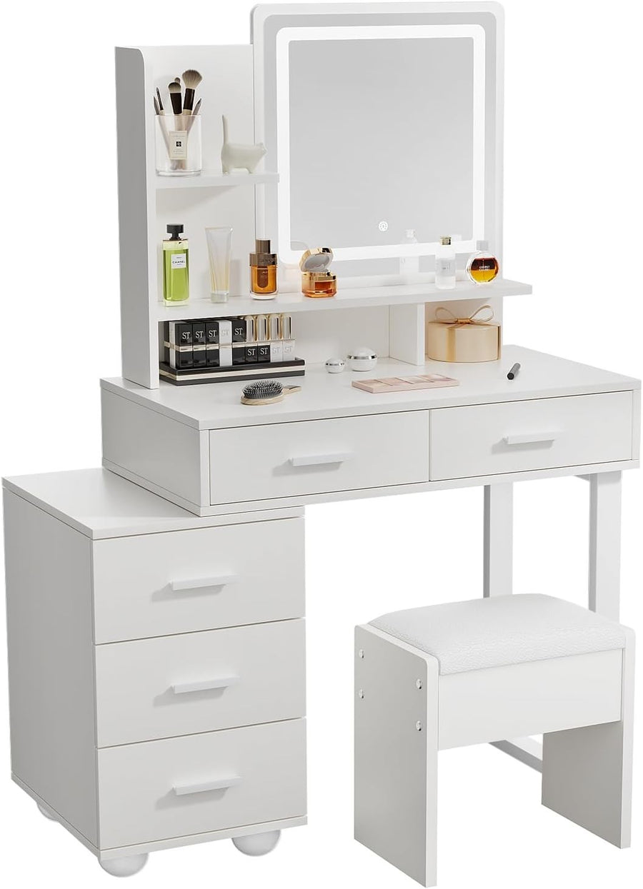 White Dressing Table LED Mirror 5 Drawers Flexible Vanity Desk Makeup Storage