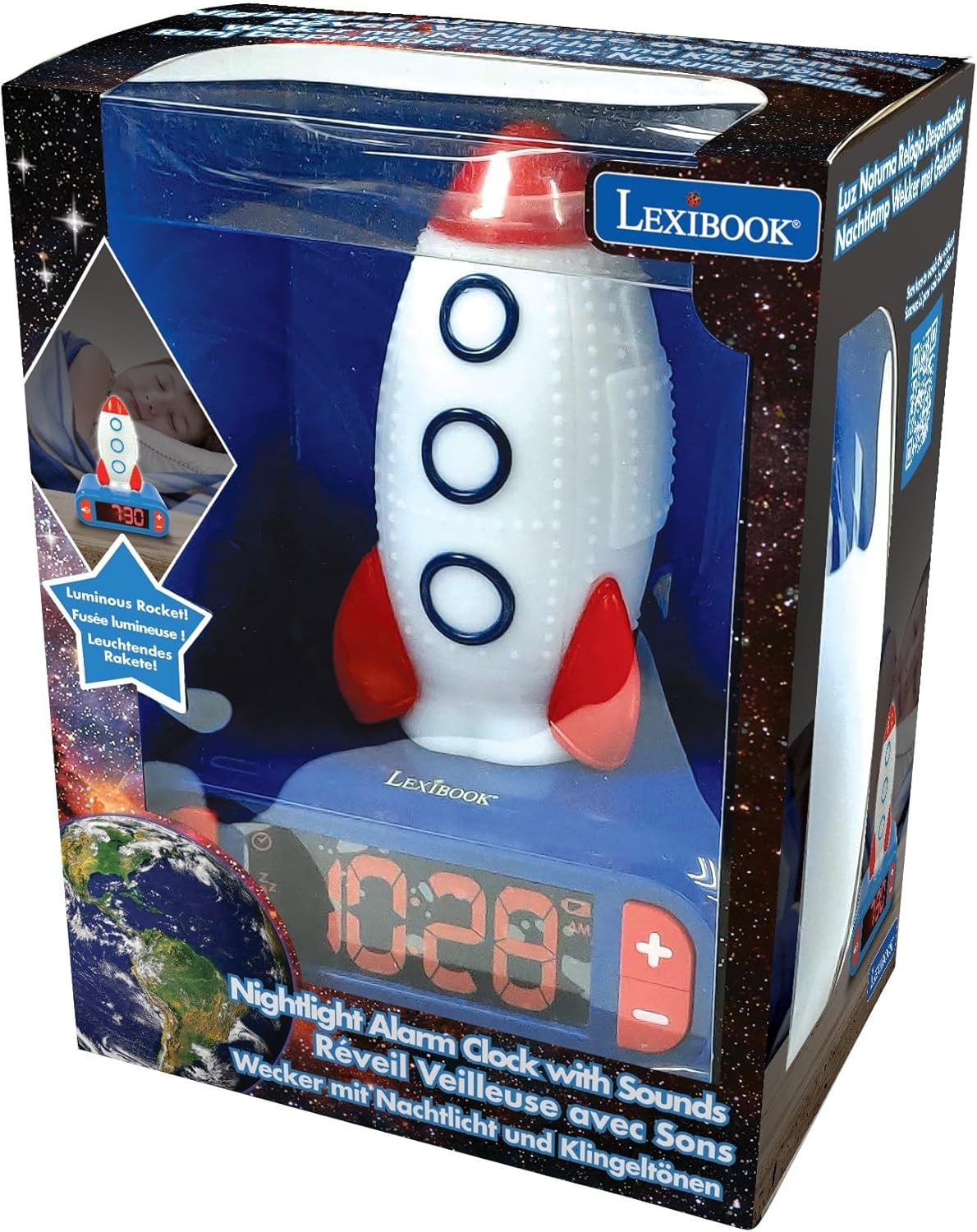 Kids Rocket Alarm Clock Night Light LCD Snooze Sound Effects Bedside Blue