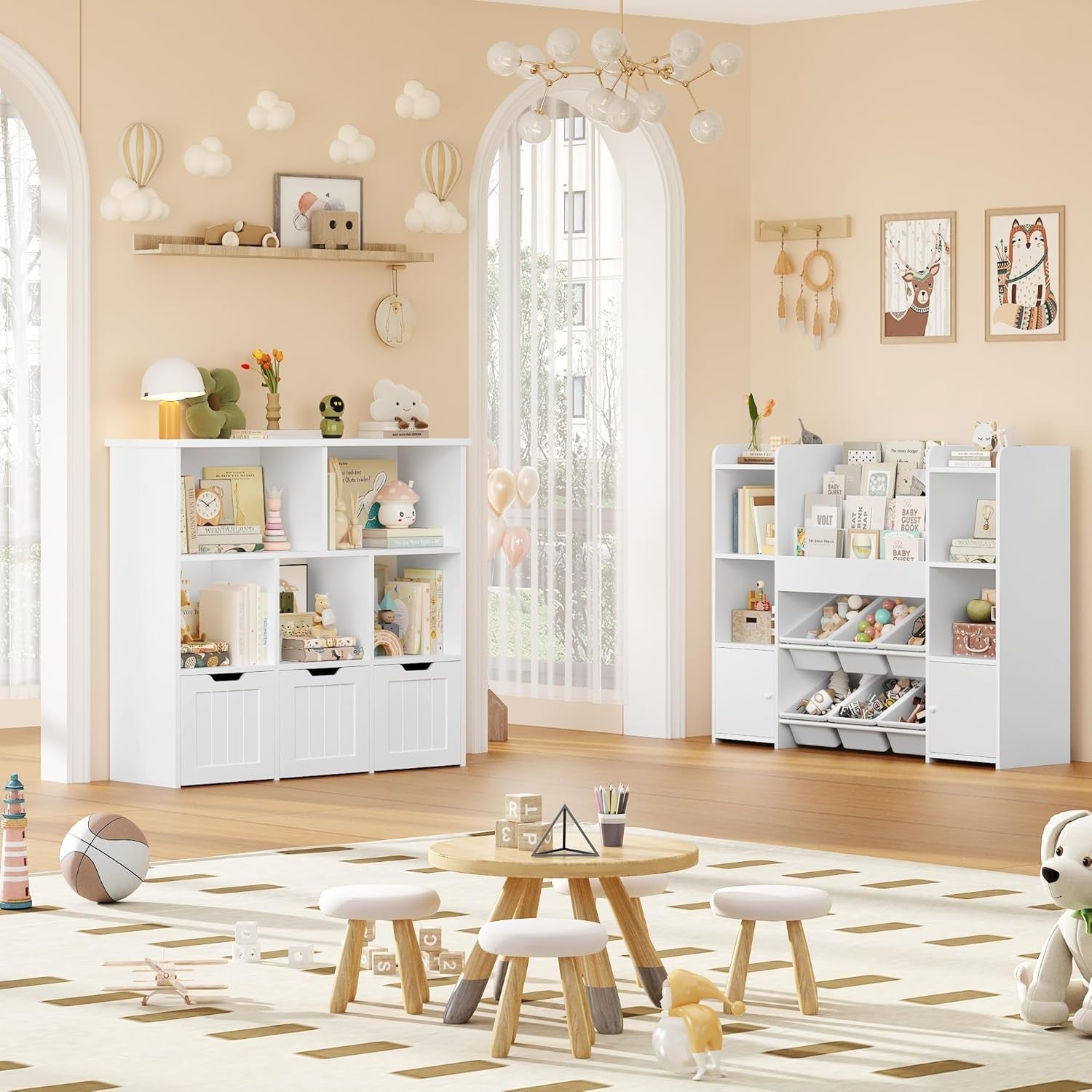 White Kids Toy Storage Cabinet with Wheels & Bookshelf – 8 Compartments