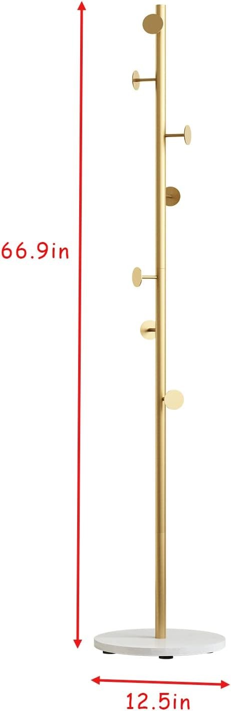 Gold Metal Coat Rack with Marble Base | Freestanding Hall Tree for Clothes & Bag