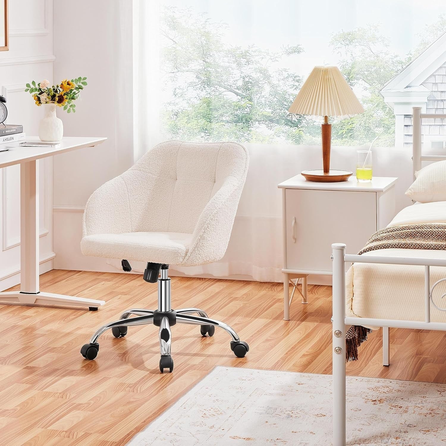Boucle Office Desk Chair Adjustable Height Swivel Armchair Ivory Home Office Fur