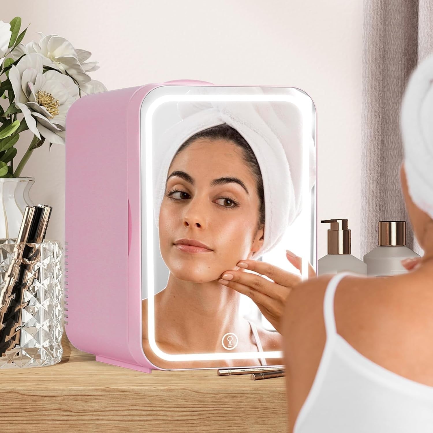 8L Portable Mini Skincare Fridge Cooler & Warmer LED Mirror AC/DC Pink