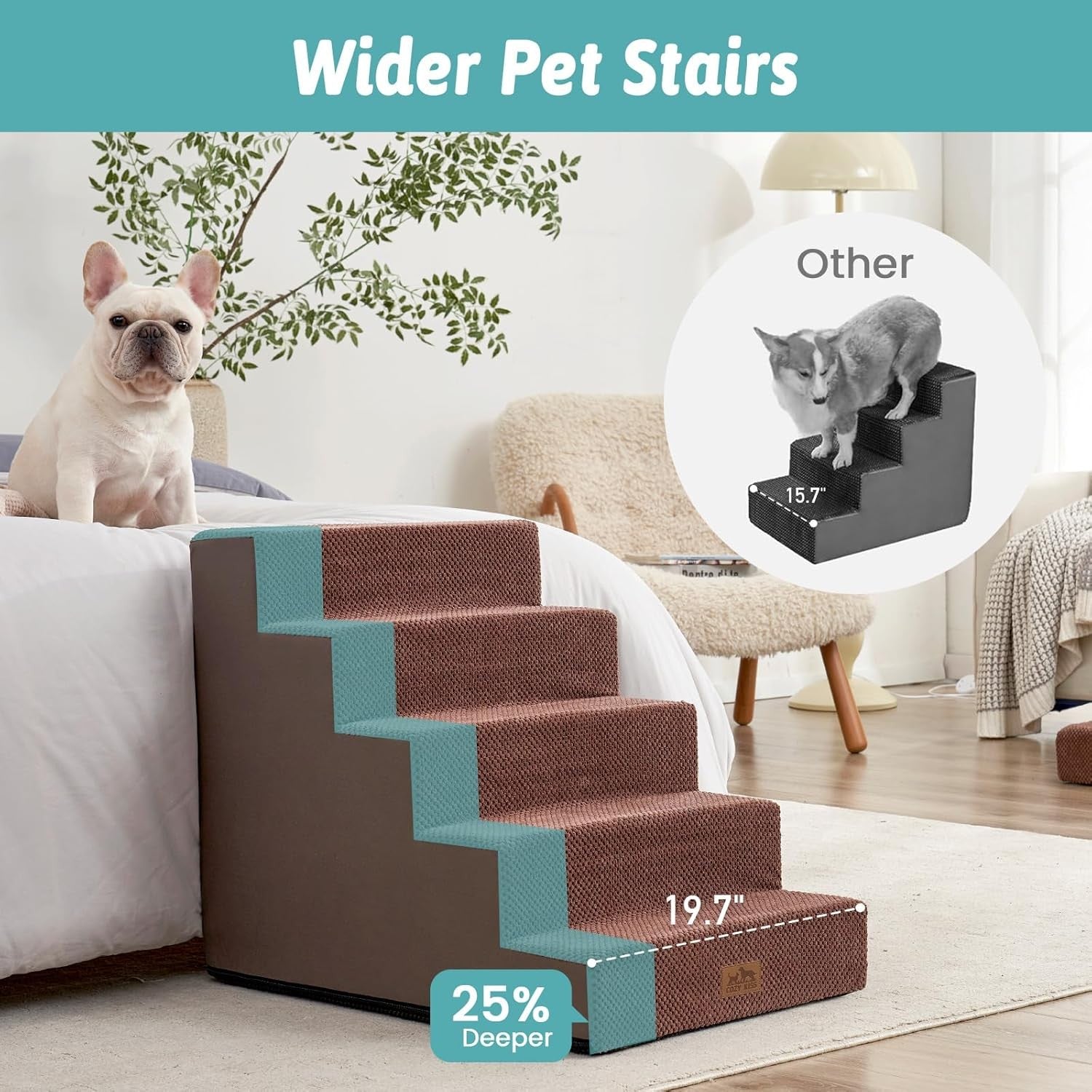 Wide Dog Stairs Non-Slip Pet Steps for Small Dogs Cats Puppy 75x50x60cm Brown